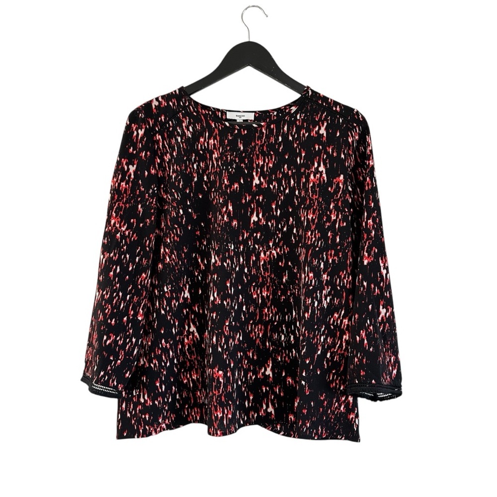 SUNCOO Black and Red Patterned Blouse Size T3 Large Open Back 3/4 Sleeves